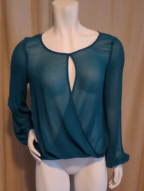 bebe Teal Sheer Keyhole Wrap Blouse